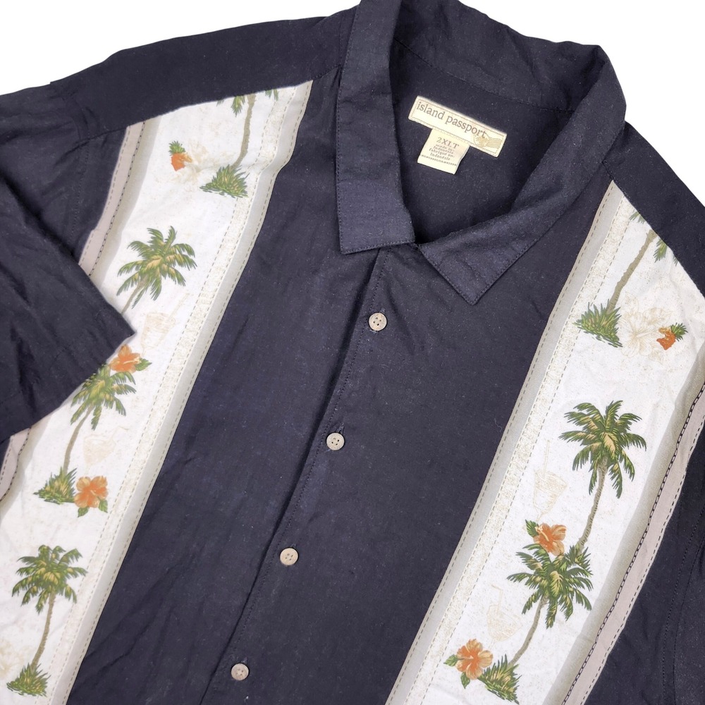 Island Passport Hawaiian Aloha Shirt Mens 2XLT Big Tall Black Tropical Button Up